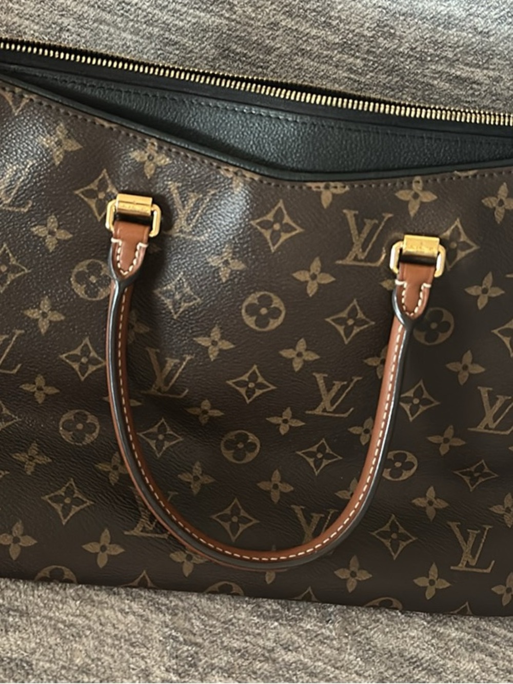 Louis Vuitton Monogram Canvas Tote in Brown with Tan Handles and Gold Hardware